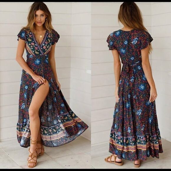 Bohemian Floral Tribal Print Maxi Dress Blue - Picture 1 of 9